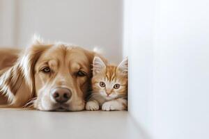 Golden retriever resting with ginger kitten on floor photo
