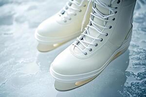 White ice skates resting on frozen surface with melting ice photo