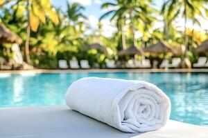 Rolled white towel inviting to relax by the swimming pool photo