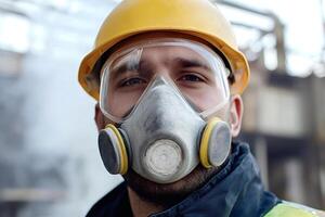 Industrial worker wearing protective mask and goggles in factory setting photo
