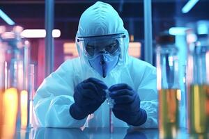 Scientist wearing hazmat suit analyzing test tube in laboratory photo