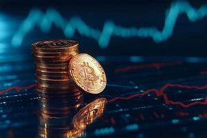 Bitcoin cryptocurrency coins stacked on financial chart background photo