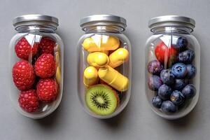 Raspberry, kiwi fruit slice, blueberries and vitamin pills representing food photo