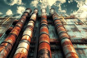 Rusty industrial pipes rising against cloudy sky photo