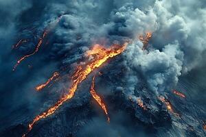 Volcano erupting with lava flowing downhill and smoke billowing photo