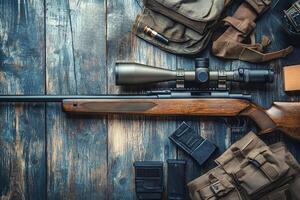 Hunting rifle with scope and ammunition on wooden table photo