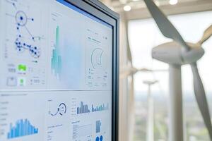 Monitoring system displaying data about rotating wind turbines photo
