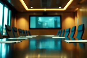 Empty conference room with screen displaying presentation slides photo