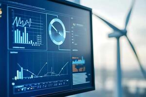 Monitoring system displaying statistics of wind turbine farm efficiency photo