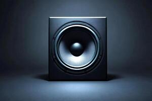 Powerful subwoofer reproducing low-end frequencies in a dark studio photo