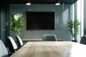 Modern conference room with empty chairs and large screen displaying showing photo