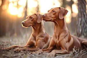 Two hungarian vizsla resting in golden sunset light in forest photo