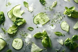 Fresh cucumber and basil leaves with ice on gray background photo