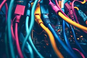 Colorful network cables connected to motherboard, creating complex data flow photo