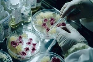 Scientist analyzing petri dishes with pipette in laboratory photo