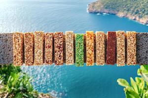 Protein bars displayed on cliff edge overlooking ocean promoting healthy life photo