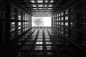 Looking up at the sky from the bottom of a skyscraper courtyard, black and white photo