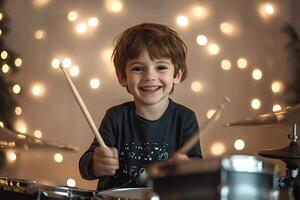 Little boy playing drums with bokeh lights in background photo