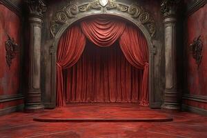 Red curtains covering stage in old theater with columns and red carpet photo