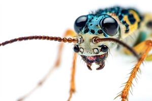 Tiger beetle showing its colorful head and segmented antennae in extreme macro photo