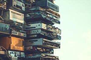 Stack of old electronic devices representing e-waste photo