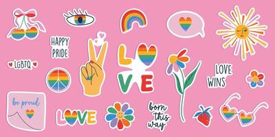 Happy Pride LGBTQ element set. LGBTQ community symbols with groovy retro elements. Pride month stickers with slogans and phrases. Hand drawn flat design illustrations. vector