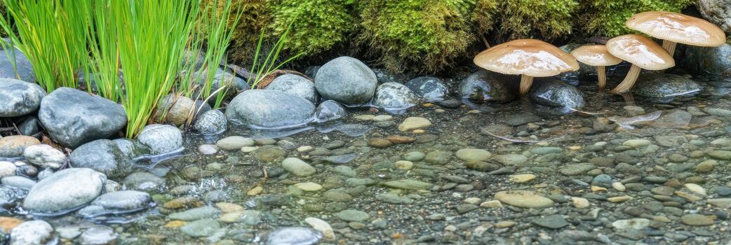 Mushrooms growing by mossy rocks and calm stream in forest setting photo