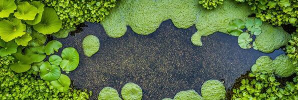 Lush green vegetation and aquatic plants surrounding a serene pond surface photo