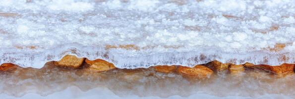 Close-up frozen ice layer with snow above rocks reflecting on surface photo