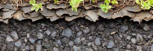 Cross-section of soil layers with small green plants and cracked earth photo