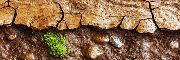 Cracked earth texture with green moss and wet stones depicting natural resilience photo