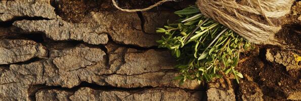 Fresh herb bundle tied with twine resting on weathered tree bark background photo