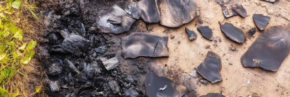 Charred remains and ashes scattered on the ground depicting burnt wood photo