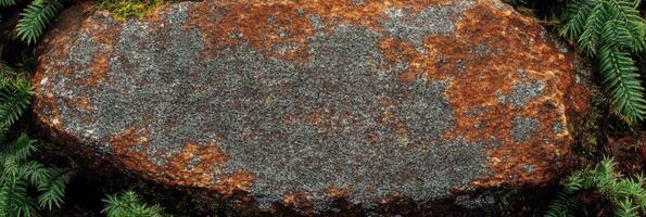 Close-up of lichen-covered rock with fern leaves in natural forest setting photo