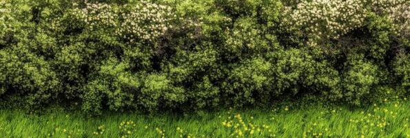 Dense green hedge with blossoming flowers and vibrant grass in natural spring setting photo
