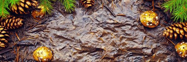 Autumn forest floor with pine cones, needles, and mushrooms in natural setting photo