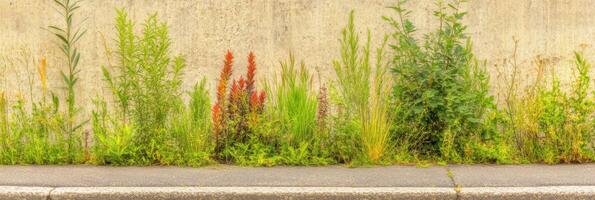Colorful weeds and plants growing against a concrete wall in urban setting photo