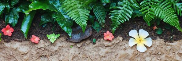 Vibrant tropical flora with ferns and colorful flowers in natural setting photo