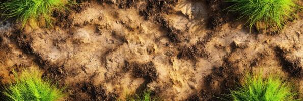 Top view of natural earthy terrain with grass and soil patterns photo