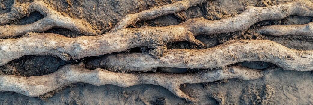 Aerial view of intertwined tree roots in natural earth texture pattern photo