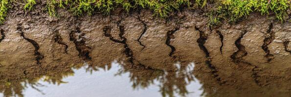 Cracked earth and moss reflected in water mirror surface texture concept photo