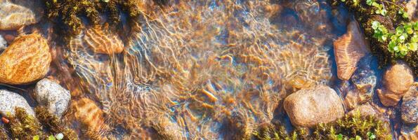 Clear water rippling over colorful rocks and green moss in a shallow stream photo