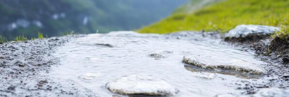 Tranquil puddle on rocky pathway in green mountain landscape photo