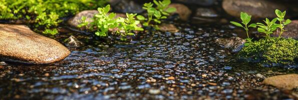 Calm stream with stones and greenery capturing the essence of nature's serenity photo