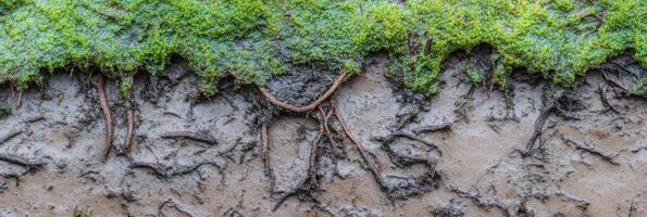Lush green moss with exposed roots and soil texture in nature concept photo