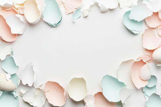 Colorful eggshell fragments creating vibrant abstract border design photo