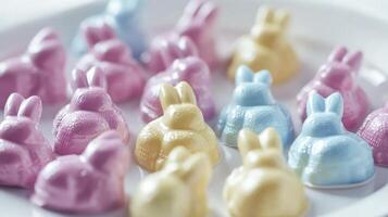 Pastel-colored chocolate bunnies on white background for easter celebration photo