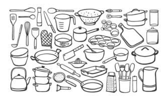 Hand drawn simple cookware set. Black and white illustrations of different kitchen utensils in sketch style vector