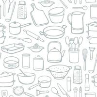 Seamless pattern with hand drawn cookware. Simple kitchen utensils design for fabric, home textile, wrapping paper vector