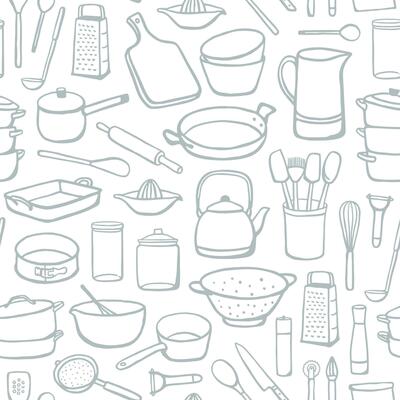 Seamless pattern with hand drawn cookware. Simple kitchen utensils design for fabric, home textile, wrapping paper
